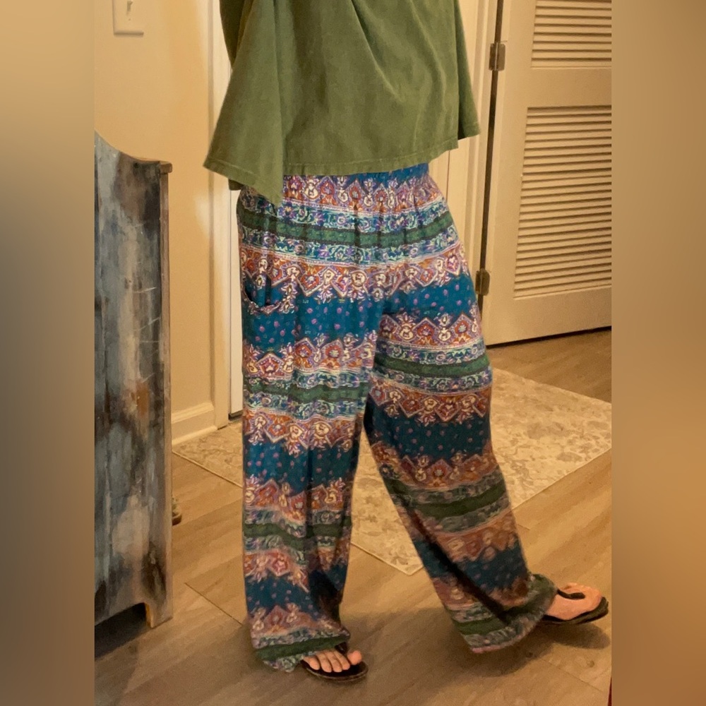 BOHO HIPPIE teal, purple, orange & cream pants wideleg, elastic waist & pockets!